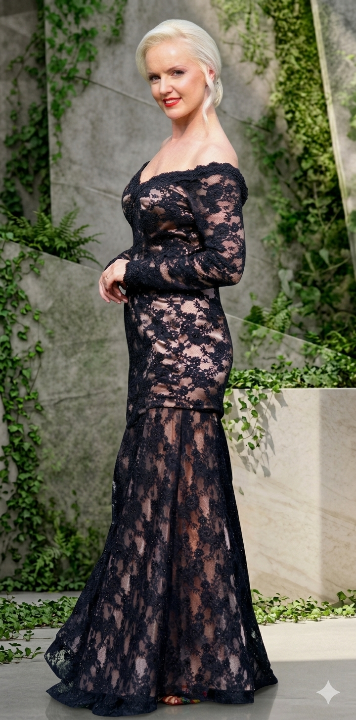 A woman wearing a black off-the-shoulder lace evening gown with long sleeves and a fitted mermaid-style skirt, design by Alexas