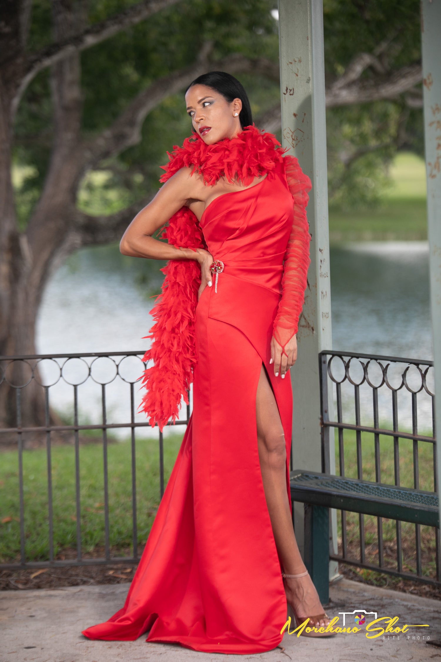 Woman in a red dress with a feather boa, design by Alexas