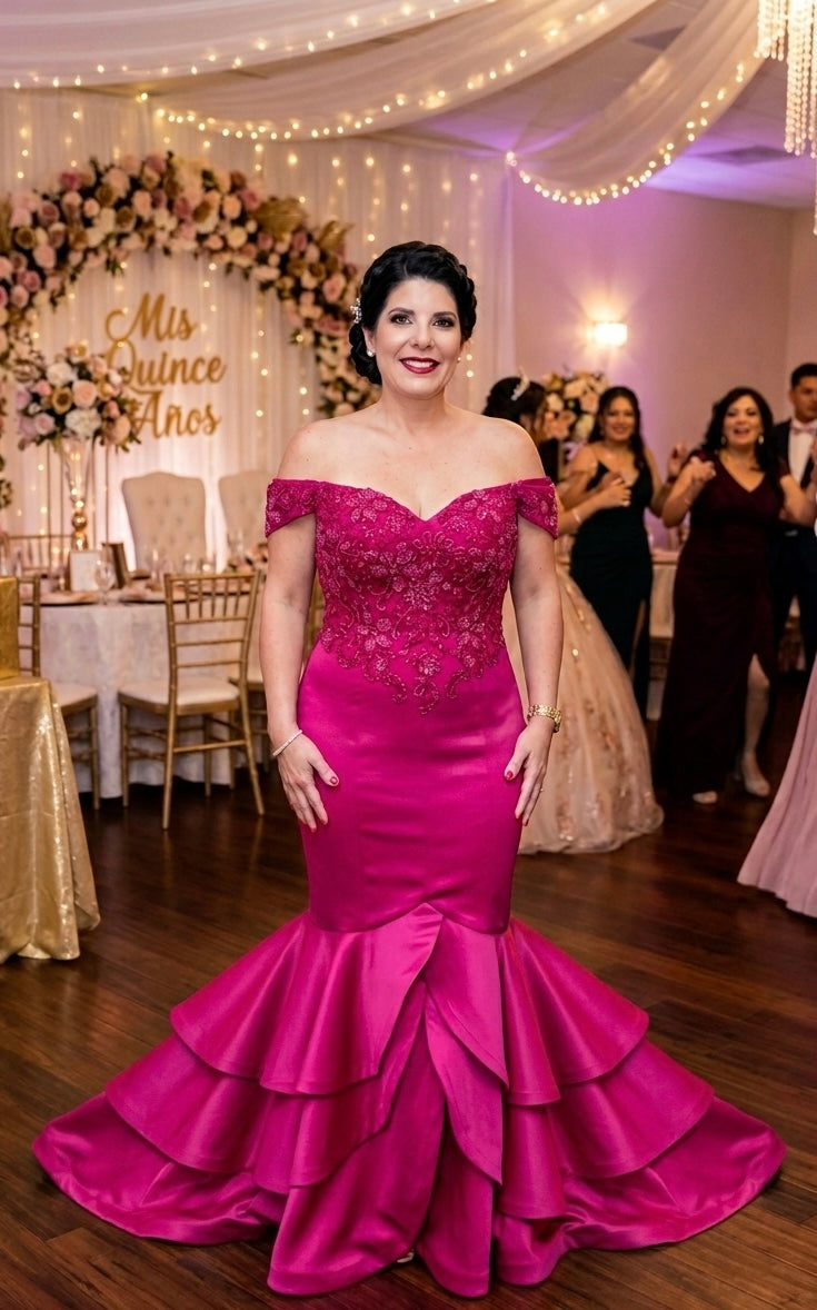 A woman stands on a wedding dance floor wearing a bright fuchsia off-the-shoulder mermaid gown, design by Alexas