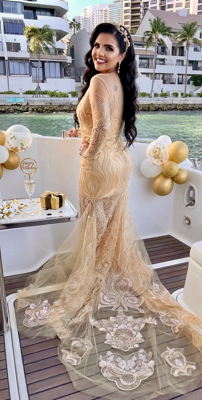 A woman wearing a champagne beige lace mermaid gown, design by Alexas