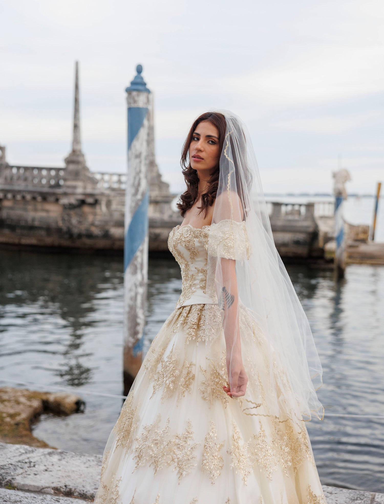 Woman in a wedding dress with a veil standing, design by Alexas