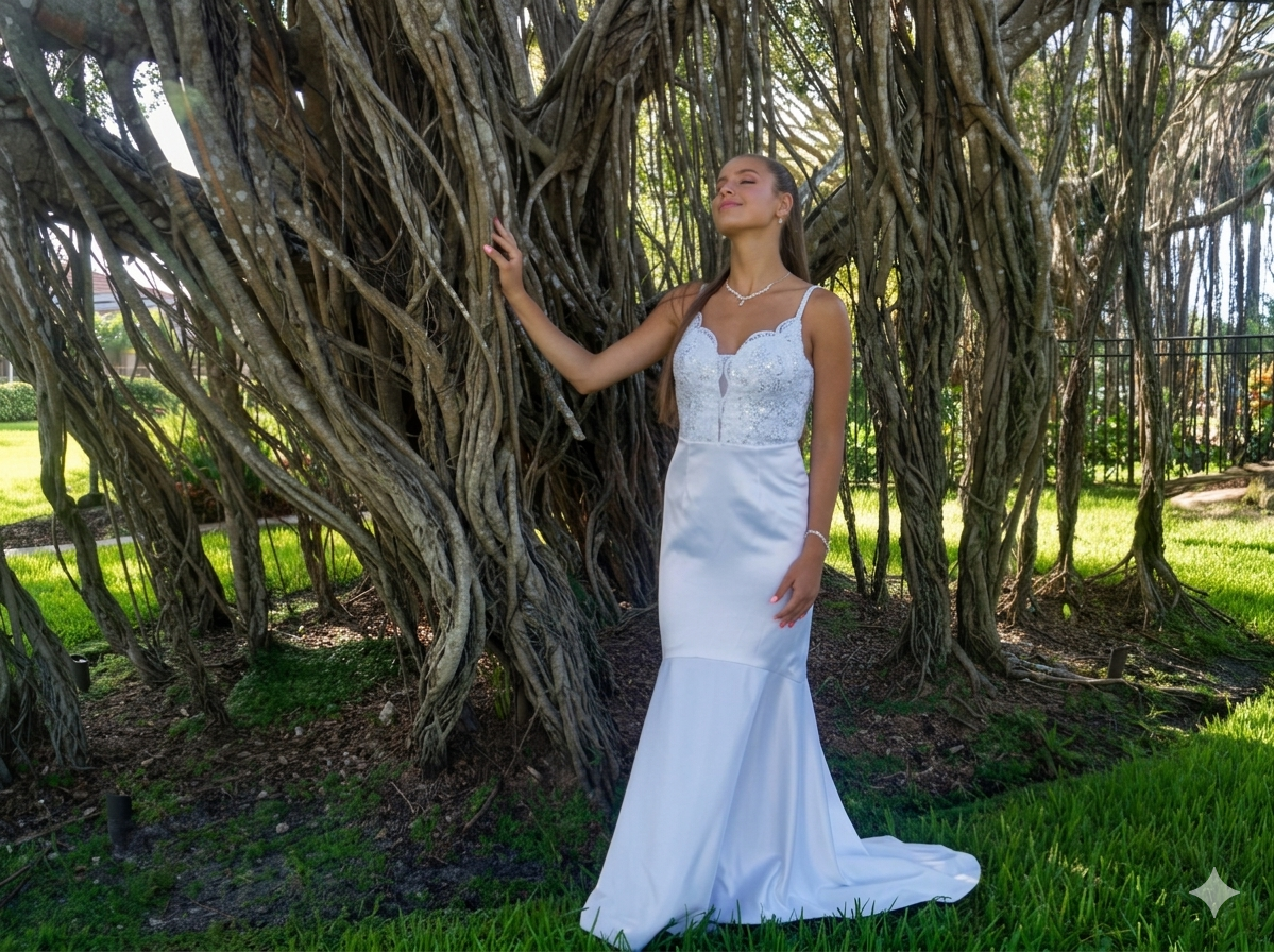 Woman in a white wedding dress, design by Alexas