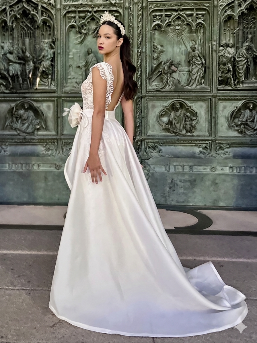 Woman in a white wedding dress, design by Alexas
